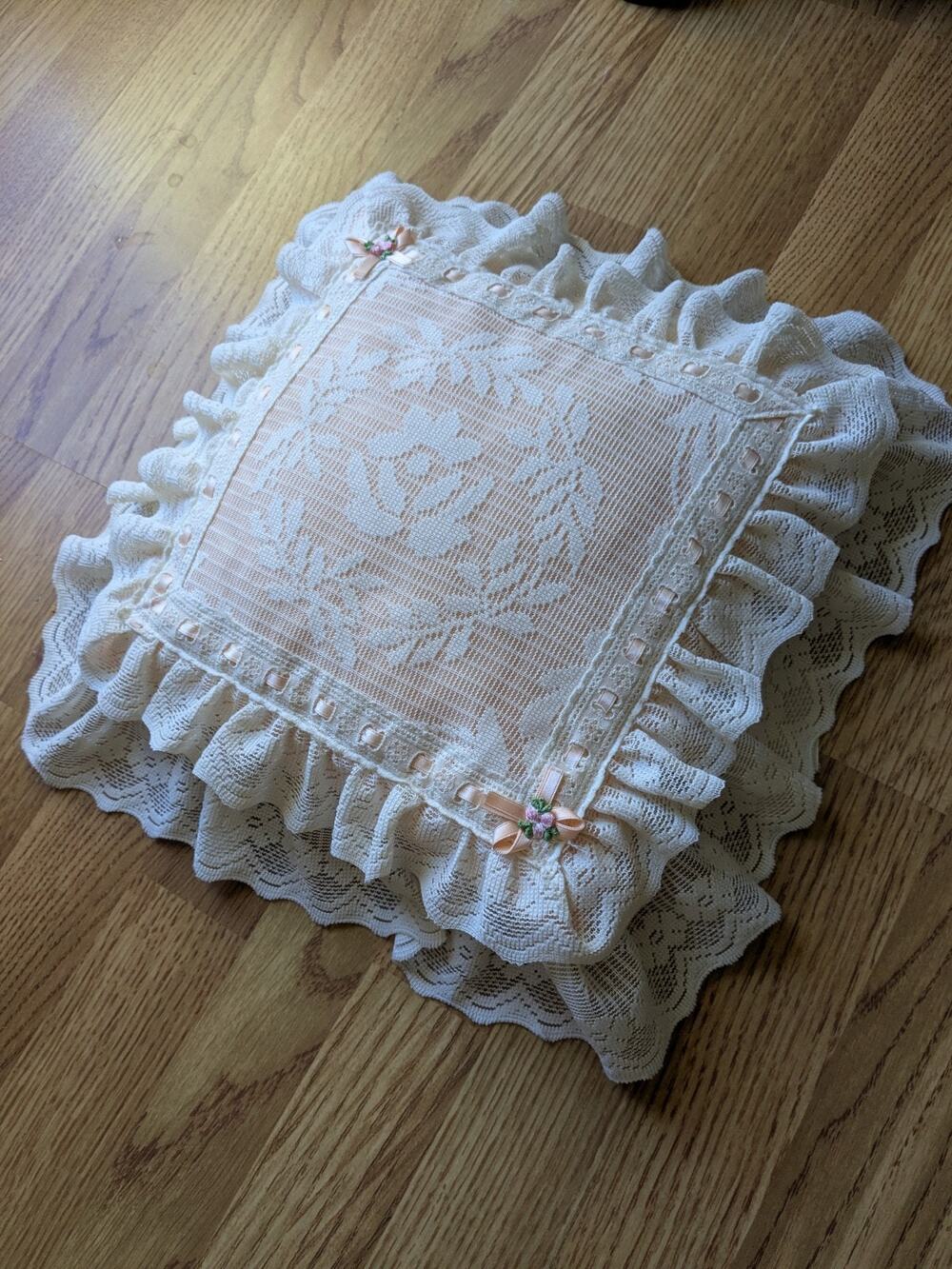 French Country Victorian, Romantic Lace-Trimmed 14”W Lace Pillow Apricot & Cream